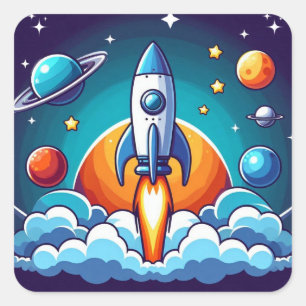 Pegatina Cuadrada Retro, cohete espacial exterior