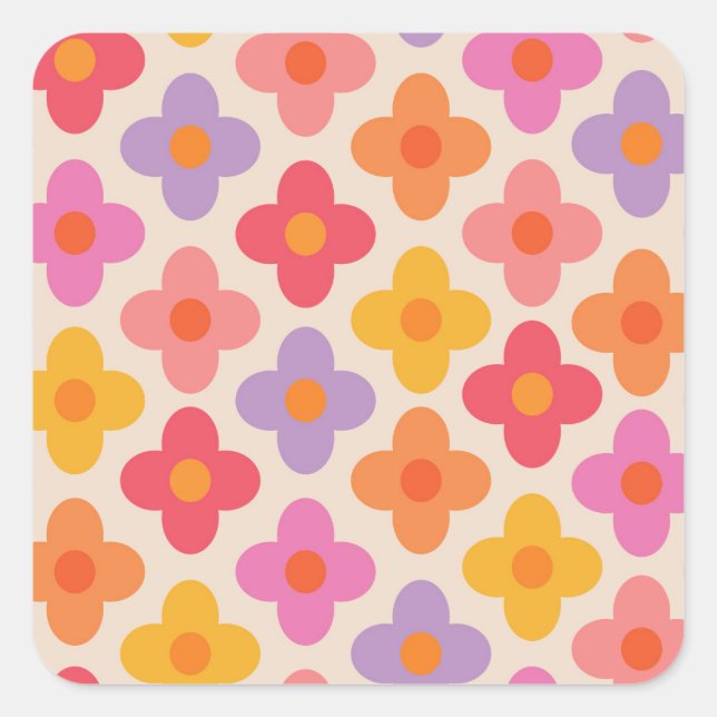 Pegatina Cuadrada Retro Colorful Hippie Mod Flowers Pattern  (Anverso)