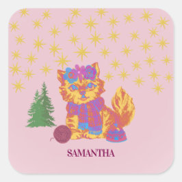 Pegatina Cuadrada Retro Cute Cat Christmas Sticker