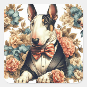 Pegatina Cuadrada Retro Cute Floral Bull Terrier