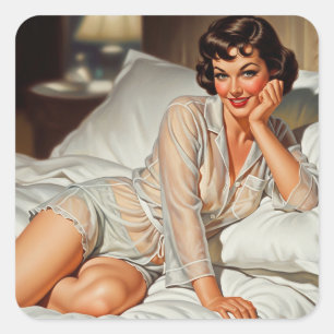 Pegatina Cuadrada Retro Cute Woman '50 Pin-up