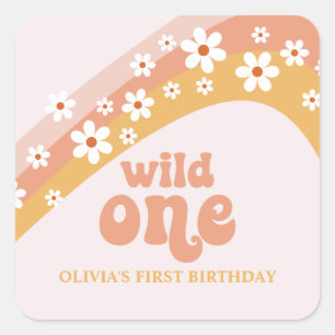 Pegatina Cuadrada Retro Daisy Boho Wild One Arcoíris