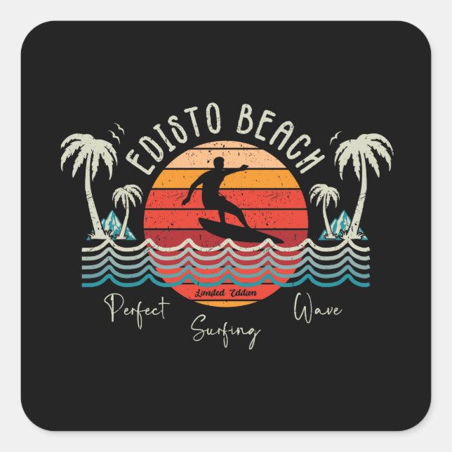 Pegatina Cuadrada Retro Edisto Beach Surfing (Anverso)