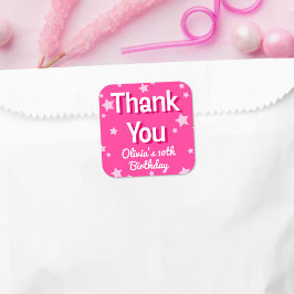 Pegatina Cuadrada Retro Estrellas Rosadas Feliz Cumpleaños 