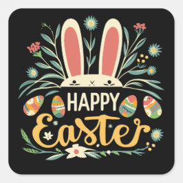 Pegatina Cuadrada Retro Floral Feliz Pascua Conejo Boho Primavera