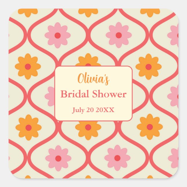 Pegatina Cuadrada Retro Floral Ogee Mid-Century Modern Bridal Shower (Anverso)