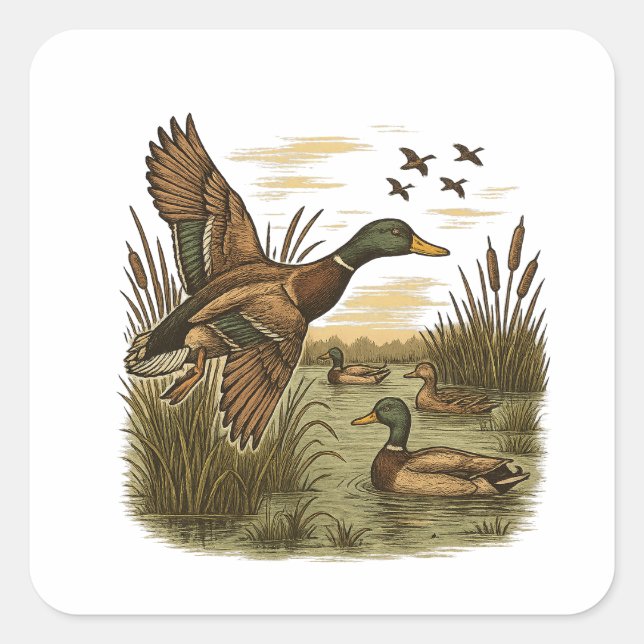 Pegatina Cuadrada Retro-Flying-Mallard-Duck-Hunting,  (Anverso)