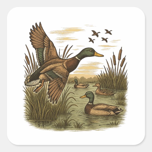 Pegatina Cuadrada Retro-Flying-Mallard-Duck-Hunting (Anverso)