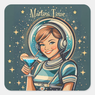 Pegatina Cuadrada Retro Futurista Chica Astro Tiempo de Martini