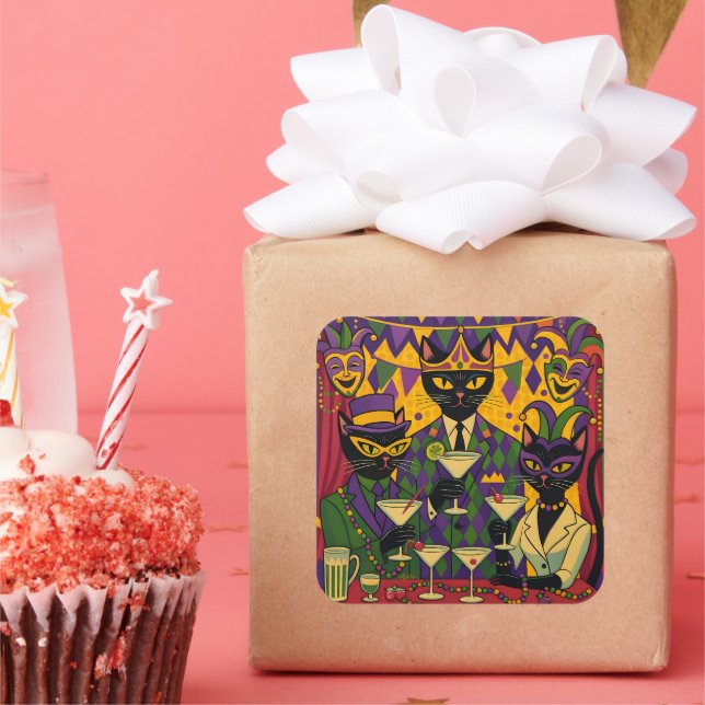 Pegatina Cuadrada Retro Futuristic Mardi Gras Black Cat Martini Club (Fiesta)