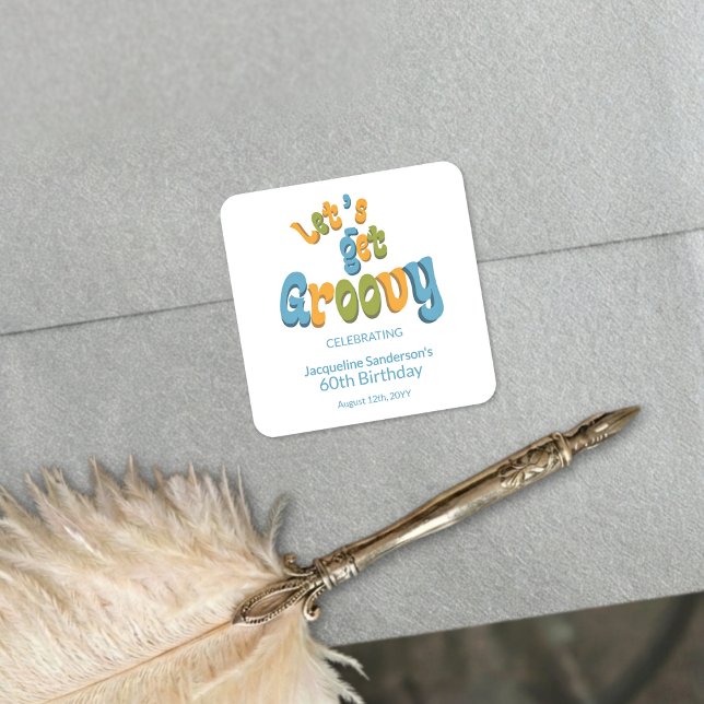 Pegatina Cuadrada Retro Groovy 60th Birthday Party Envelope Seals (Subido por el creador)