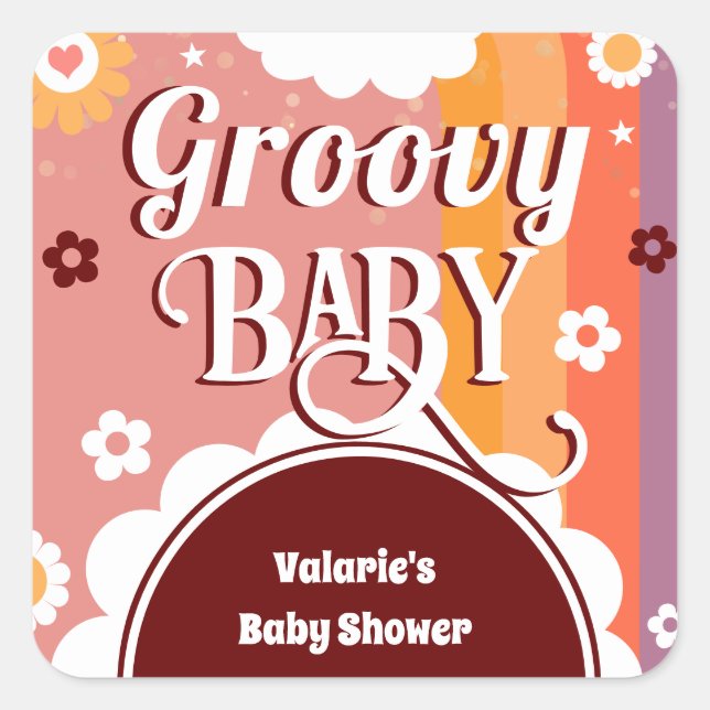 Pegatina Cuadrada Retro Groovy Baby Shower (Anverso)