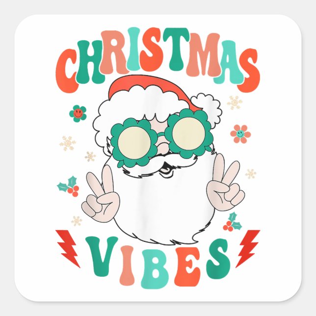 Pegatina Cuadrada Retro Groovy Feliz Navidad Vibes Gracioso Santa Cl (Anverso)