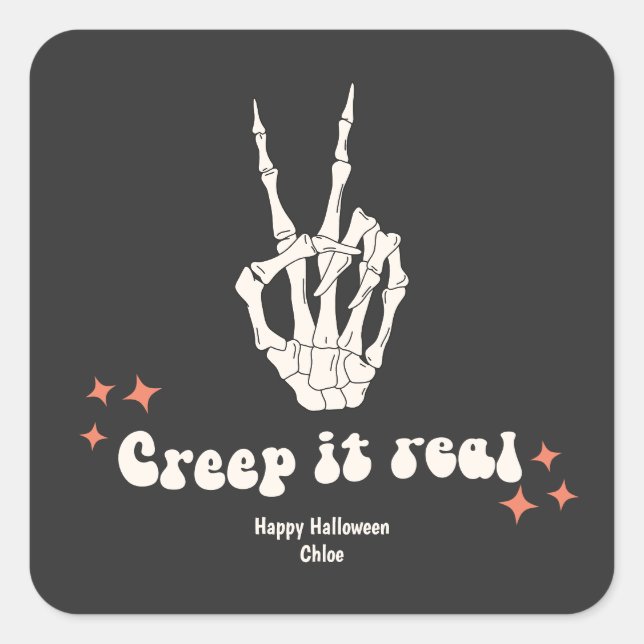 Pegatina Cuadrada Retro Halloween Creep it Real Skeleton Square Stic (Anverso)