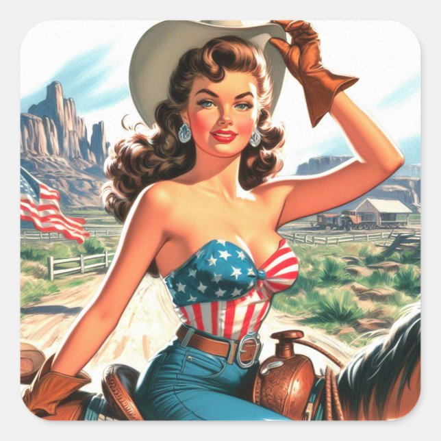 Pegatina Cuadrada Retro Hermosa Cowgirl Pin Up (Anverso)