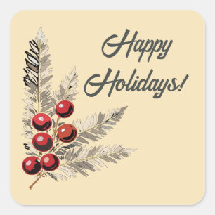 Pegatina Cuadrada Retro Holly Berries y Evergreen