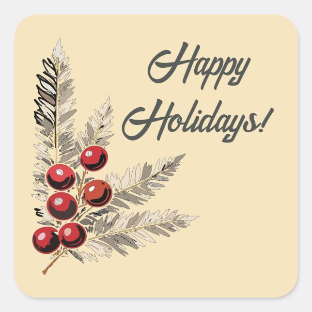 Pegatina Cuadrada Retro Holly Berries y Evergreen (Anverso)