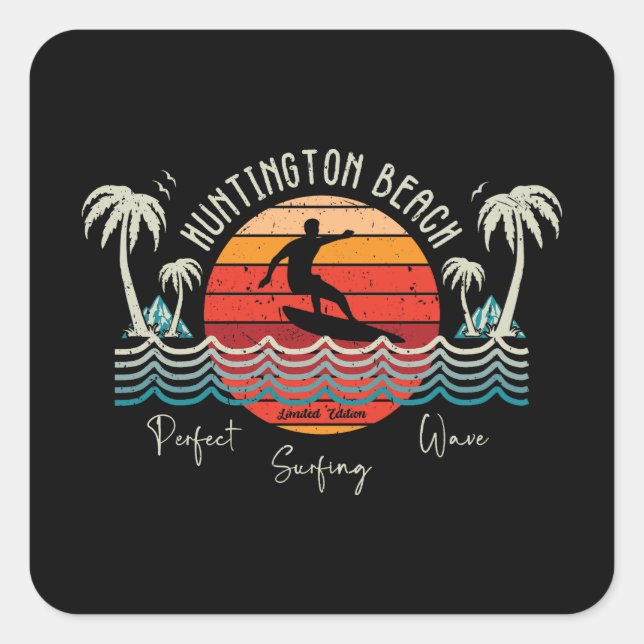Pegatina Cuadrada Retro Huntington Beach Surfing (Anverso)
