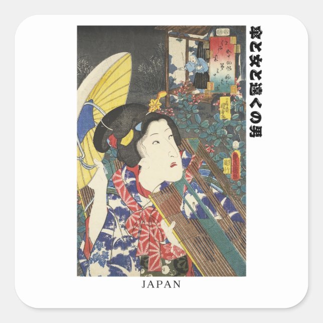 Pegatina Cuadrada "Retro Japan – Ukiyo-e Art with Authentic Text" (Anverso)