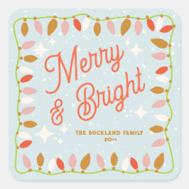 Pegatina Cuadrada Retro Luces de Navidades merry y brillantes