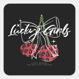 Pegatina Cuadrada Retro Lucky Girls Cherry Quote