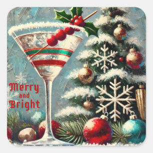 Pegatina Cuadrada Retro Martini de Navidad Cranberry Snowflake de lo