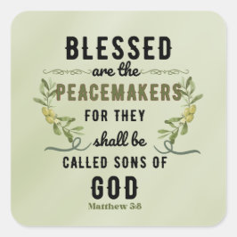Pegatina Cuadrada Retro Matthew 5:9 Rama de olivo acuarela