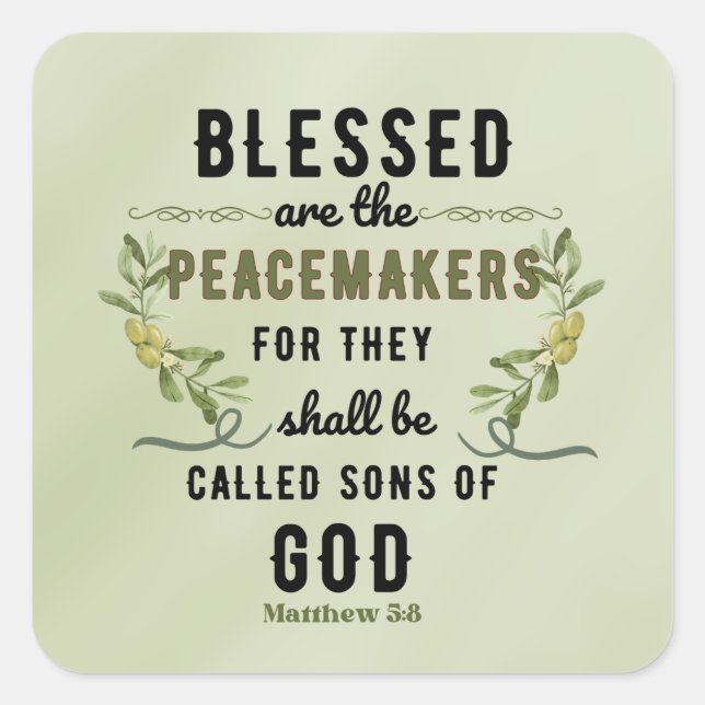 Pegatina Cuadrada Retro Matthew 5:9 Rama de olivo acuarela (Anverso)