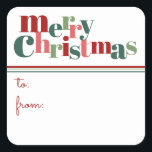 Pegatina Cuadrada Retro Moderno Merry Christmas Gift Tag Pegatinas<br><div class="desc">Dé un aspecto personalizado a sus paquetes vacacionales con estos modernos pegatinas de etiquetas de regalo que tienen un giro retro. La tipografía caprichosa en tonos de rojo cereza y verde abeto se acentúa con líneas gráficas. Las palabras "a" y "de" están debajo en un guión adorable, pero estas palabras...</div>