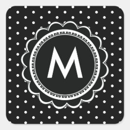 Pegatina Cuadrada Retro monograma simple de puntos de polka blanco y