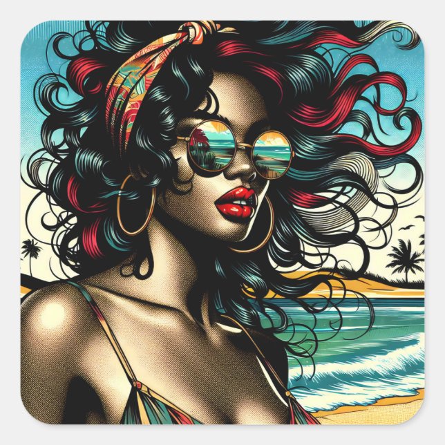 Pegatina Cuadrada Retro Mujer en el arte pop del estilo cómico de la (Anverso)