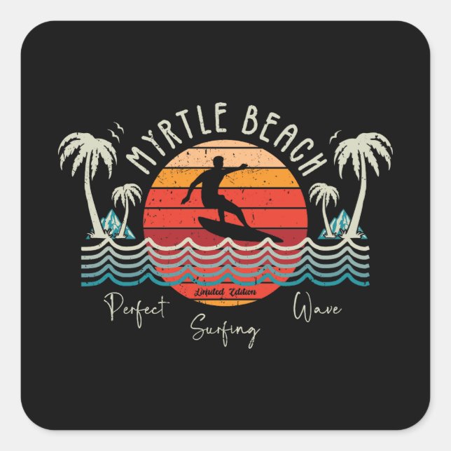 Pegatina Cuadrada Retro Myrtle Beach Surfing (Anverso)