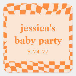Pegatina Cuadrada Retro Naranja Resumen Checkerboard Baby Shower
