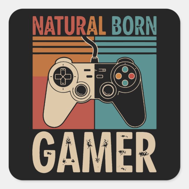 Pegatina Cuadrada Retro Natural Born Gamer Funny (Anverso)