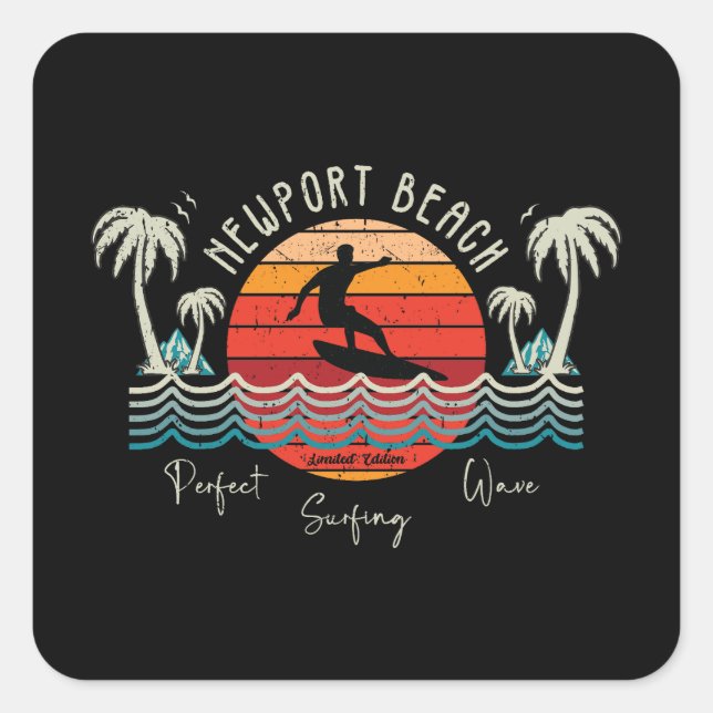 Pegatina Cuadrada Retro Newport Beach Surfing (Anverso)
