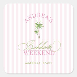 Pegatina Cuadrada Retro Pink & Green Palm Tree Beach Bachelorette