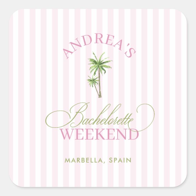 Pegatina Cuadrada Retro Pink & Green Palm Tree Beach Bachelorette (Anverso)