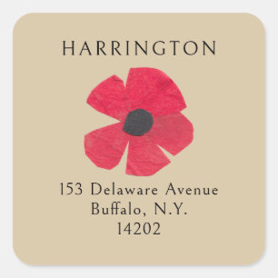 Pegatina Cuadrada Retro Red Poppy Brown Return Address