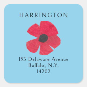 Pegatina Cuadrada Retro Red Poppy Sky Blue Return Address