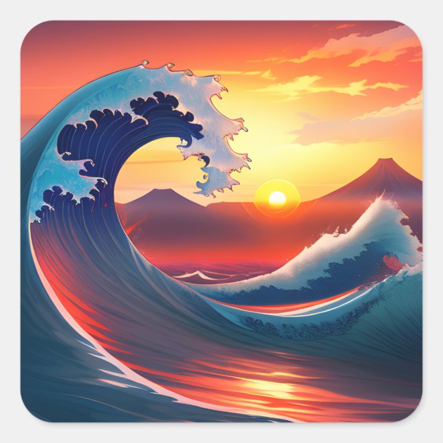 Pegatina Cuadrada Retro-reimaginación de la gran ola (Anverso)