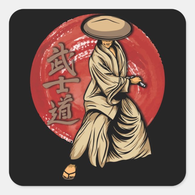 Pegatina Cuadrada Retro Samurai Warrior with Katana - Japanese (Anverso)