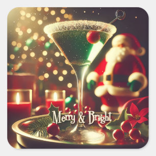 Pegatina Cuadrada Retro Santa de Navidad de los 50 Martini Verde