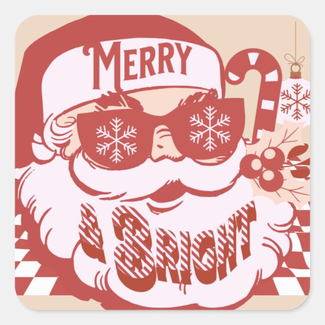 Pegatina Cuadrada Retro Santa Merry y Bright Groovy (Anverso)