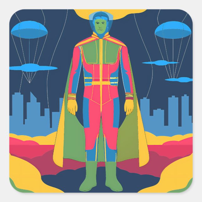 Pegatina Cuadrada Retro Sci-Fi Hero Over Cityscape (Anverso)