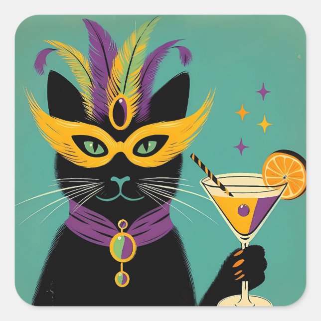 Pegatina Cuadrada Retro Sophisticats Its Time to Mardi Gras Martini (Anverso)