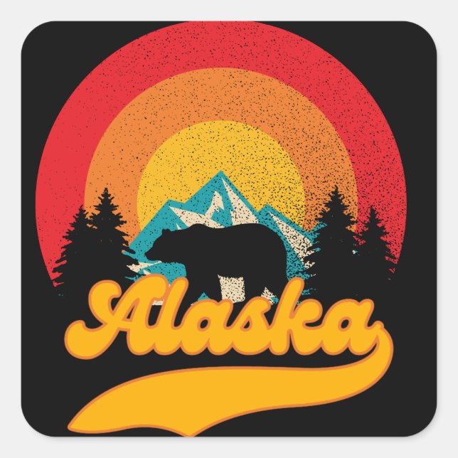 Pegatina Cuadrada Retro Sunset Alaska Juneau Bear Mountains Wild AK (Anverso)