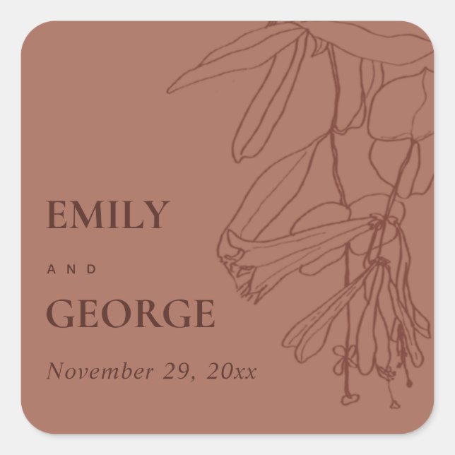 PEGATINA CUADRADA RETRO TERRACOTTA RUST LINE DRAWING FLORAL BODA (Anverso)