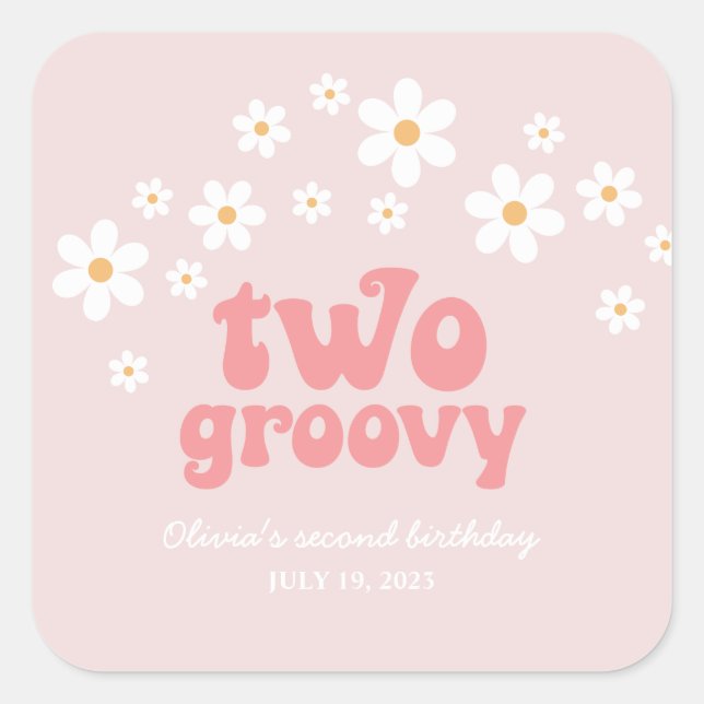 Pegatina Cuadrada Retro Two Groovy daisy boho floral segundo cumplea (Anverso)