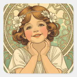 Pegatina Cuadrada retro vintage child with flowers