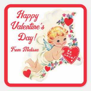 Pegatina Cuadrada Retro Vintage Cupido Feliz Día de San Valentín Per